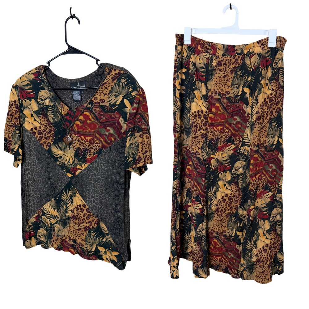 Carole Little Women's 10 Two Piece Set Top Skirt Tropical Leopard Print Rayon